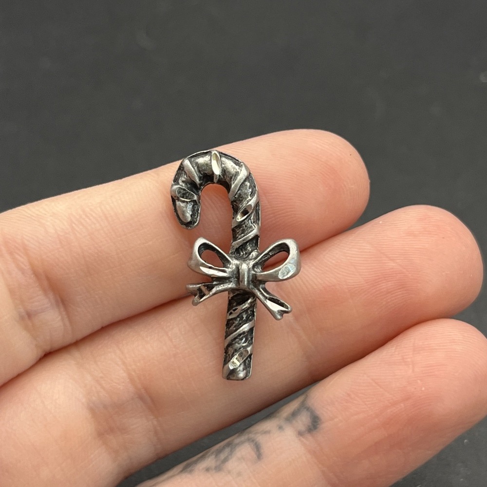 Silver Tone Candy Cane Bow Christmas Holiday Lapel Hat Pin